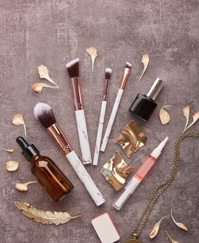 Feminine aesthetic make up flat lay. Korean beauty cosmetic and accessories flat lay